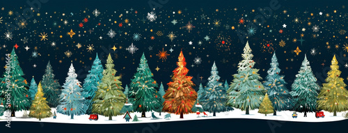 Beautiful wide horizontal Xmas web banner background illustration with Christmas trees and snow in winter