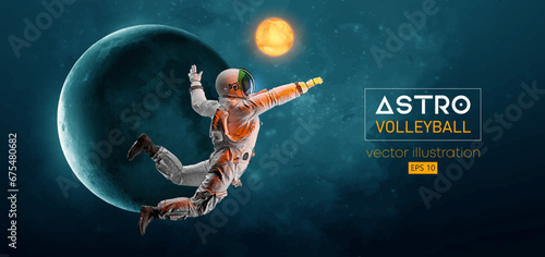 Abstract silhouette of a volleyball player astronaut in space action and Earth, Mars, planets on the background of the space. Volleyball player astronaut hits the ball. Vector 3d render illustration