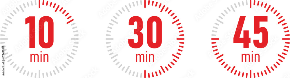 The 10, 30 and 45 minutes, stopwatch vector icon. Stopwatch icon in red flat style, 10, 30, 45 minutes timer on on color background. Vector illustration - obrazy, fototapety, plakaty 