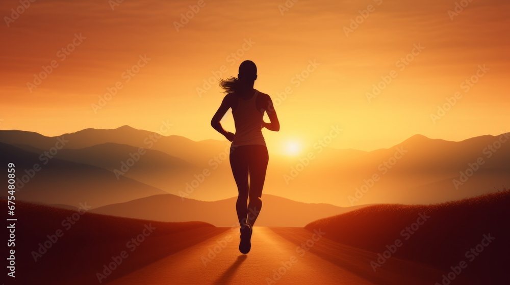 a woman jogging at dawn, captured from the back, showing the silhouette against the rising sun