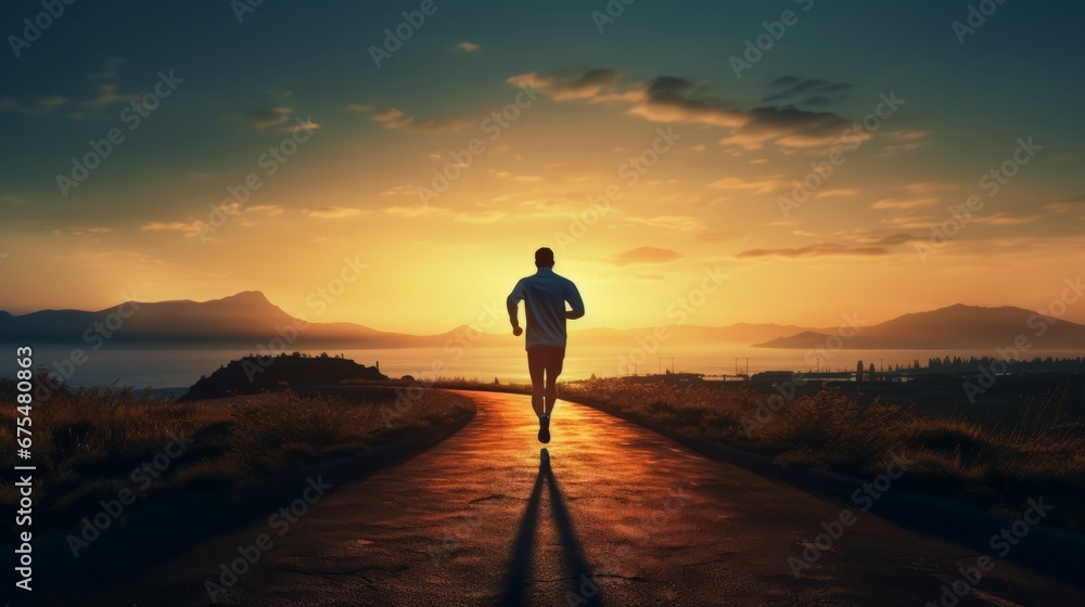 a person jogging at dawn, showing the silhouette against the rising sun. a person jogging at dawn, showing the silhouette against the rising sun.