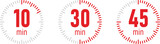 The 10, 30 and 45 minutes, stopwatch vector icon. Stopwatch icon in red flat style, 10, 30, 45 minutes timer on on color background. Vector illustration