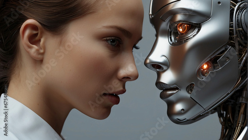 Across the digital divide, human and AI robot engage in a silent, futuristic dialogue.