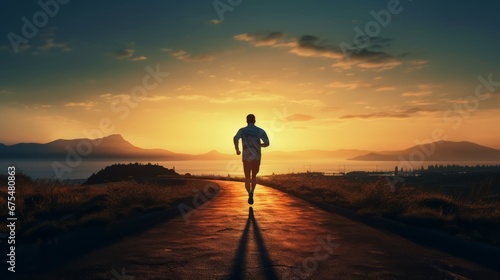 a person jogging at dawn  showing the silhouette against the rising sun.