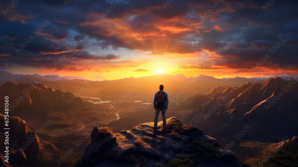 a person standing at the edge of a mountain during twilight, facing the vast landscape