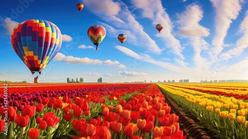 A beautiful field of colorful tulips in full bloom stretches as far as the eye can see  with vibrant balloons adding a touch of magic to this fantastic spring event