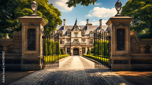 Imposing gates leading to a magnificent, historic estate photo