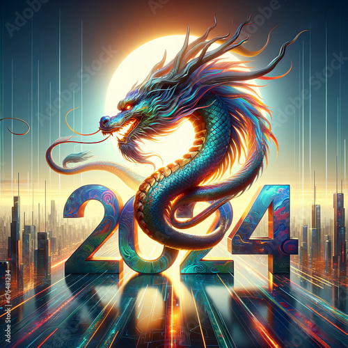 Futuristic 2024 skyline with dragon, embracing modernity and myth