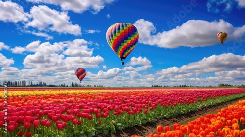 A beautiful field of colorful tulips in full bloom stretches as far as the eye can see  with vibrant balloons adding a touch of magic to this fantastic spring event