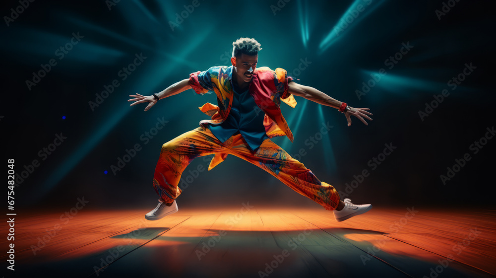 Young man is dancing a modern dance in the club, action and movement concept. 