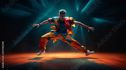 Young man is dancing a modern dance in the club, action and movement concept. 