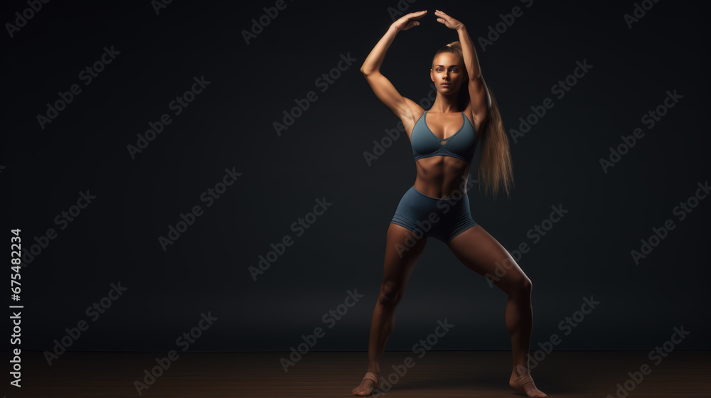 dark-skinned beautiful girl makes acrobatic movements in the studio with dark background
