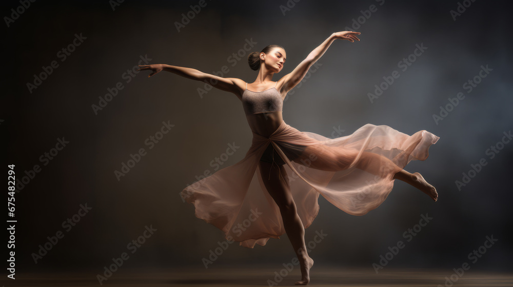 a beautiful young woman is dancing in a flowing and waving dress isolated on the background