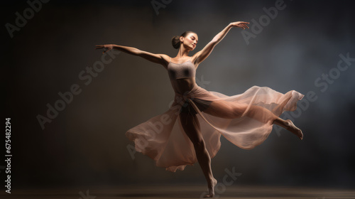 a beautiful young woman is dancing in a flowing and waving dress isolated on the background © Ian
