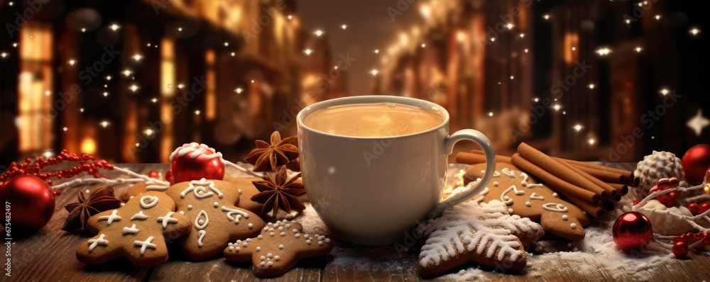 Christmas cup of the cinnamon tea and cake with decoration on the wooden table .