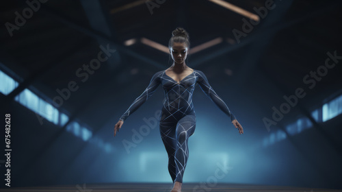 A female gymnast is performing a routine wearing a leotard