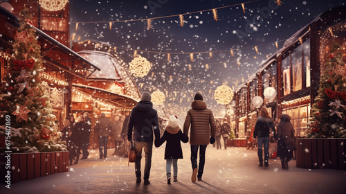 a family walking in a snowy Christmas market at night