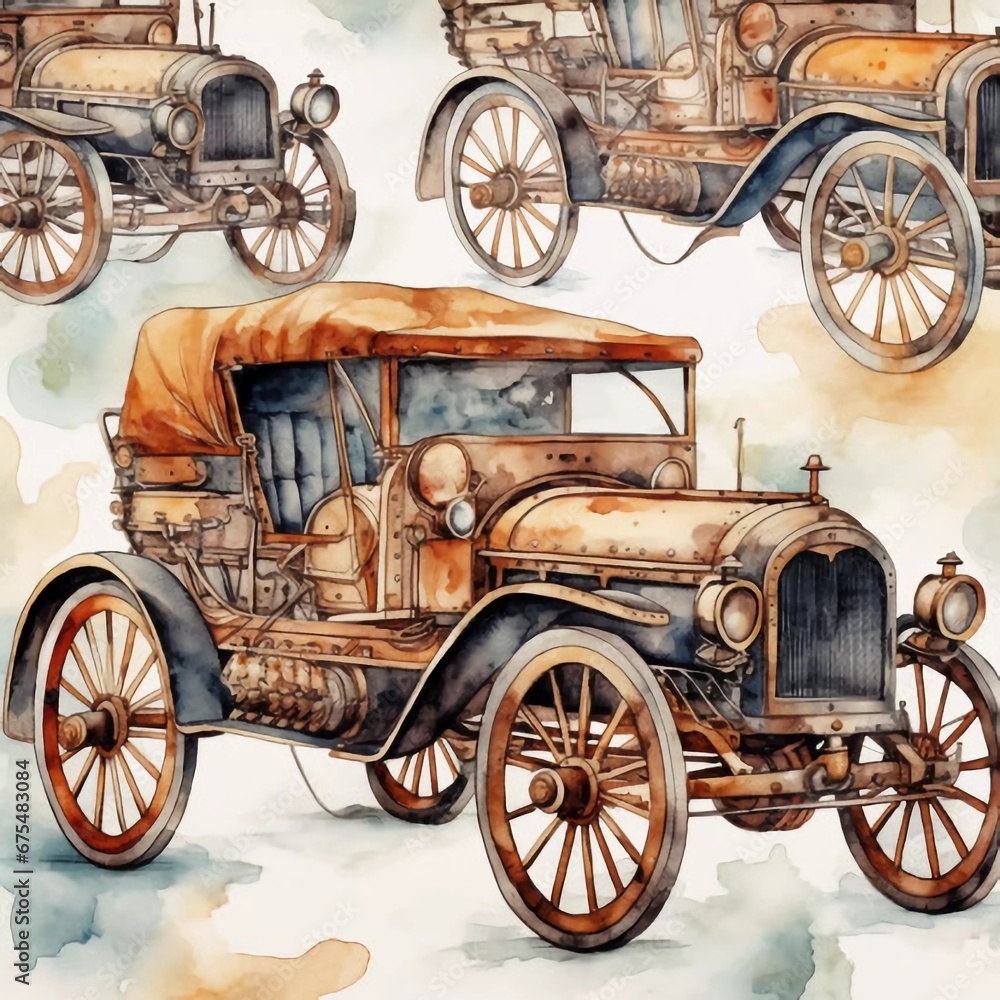Watercolor hand drawn artistic retro steampunk car vintage pattern, AI generator