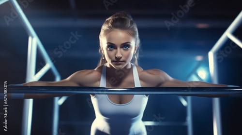 female gymnast is holding on the unparalleled bar and looking straight to the camera