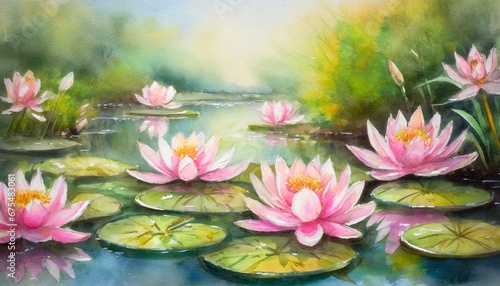 Flourishing water lilies on the pond, painting, watercolor style