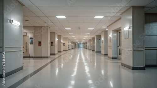 Langer, weißer Flur in einem Krankenhaus mit sanfter Beleuchtung
