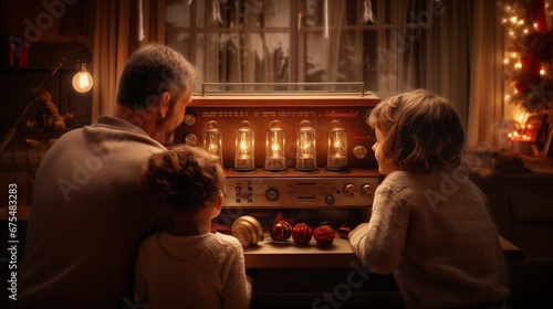 a family gathered around a Christmas radio, listening to holiday classics