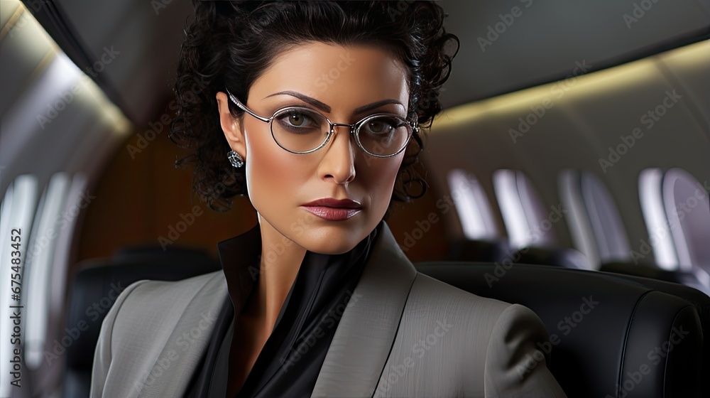 A businesswoman sits in a luxurious first class cabin or in a private jet. Business jet interior. Comfortable travel. Illustration for cover, card, postcard, interior design, banner, poster, brochure. A businesswoman sits in a luxurious first class cabin or in a private jet. Business jet interior. Comfortable travel. Illustration for cover, card, postcard, interior design, banner, poster, brochure.