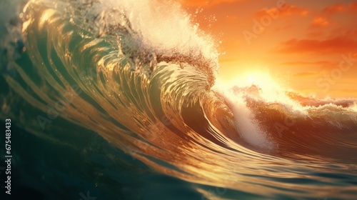 A big breaking ocean wave with white foam. Stormy heavy sea. A strong storm with big waves in the ocean. Tropical sunset background. Illustration for banner, poster, cover, brochure or presentation. © Login