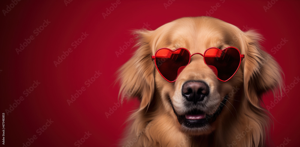 Cute golden retriever wearing red heart shape glasses, on bright red background, studio portrait with copy space
