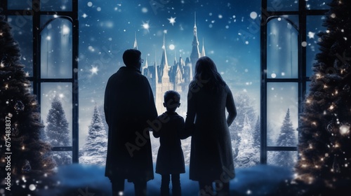 a family standing in front of large window, outside of which snow is falling.