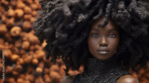 Beautiful dark skinned woman with very voluminous curly hairstyle. Fashion, hair or skin care concept. Illustration for cover, postcard, interior design or print.