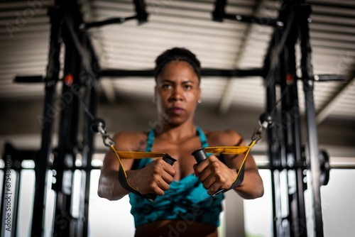 a woman using resistance equipment while holding scissors for hands at the gym