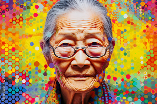 Portrait of senior asian woman in front of colourful abstract mosaic background. 