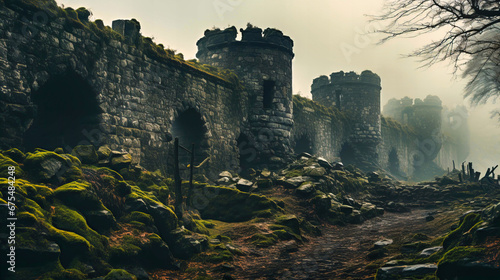 Atmospheric view of an ancient stone castle shrouded in fog photo