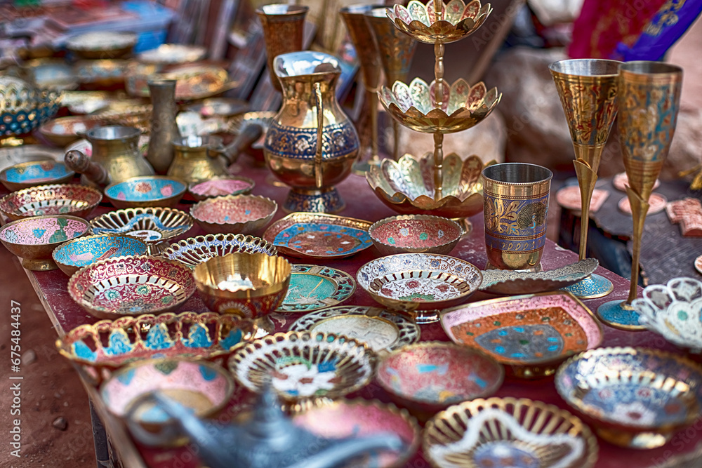 Close-up of souvenirs at an open-air store located along the Siq Canyon in Petra, Jordan Close-up of souvenirs at an open-air store located along the Siq Canyon in Petra, Jordan