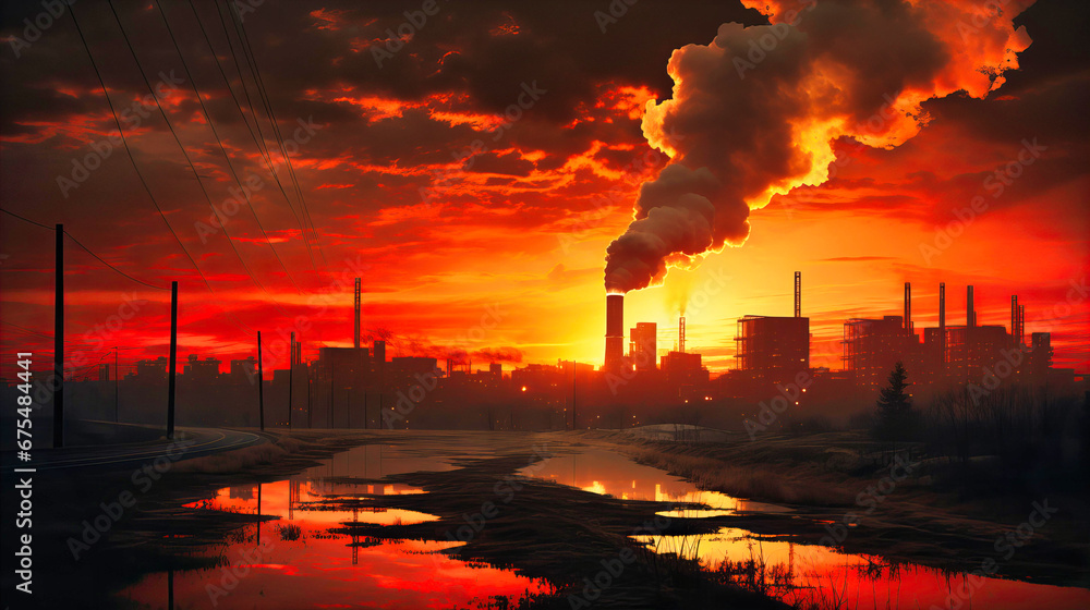 Striking silhouette of industrial structures against a fiery sunset