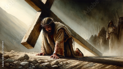 The Road to Golgotha: Painting of Jesus Carrying his Cross on the Ground during the Passion of Christ. photo