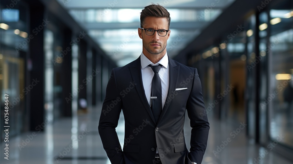 New Beginnings in Style: An attractive young man in eyeglasses and stylish business attire sits confidently on a chair, ready for the arrival of fresh opportunities.