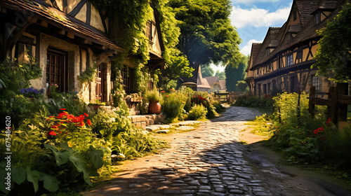Charming cobblestone street winding through a historic village photo