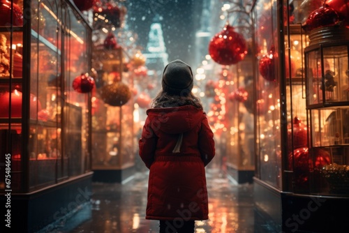 little girl in a red jacket looking through a display window at Christmas decorations and gifts in a store