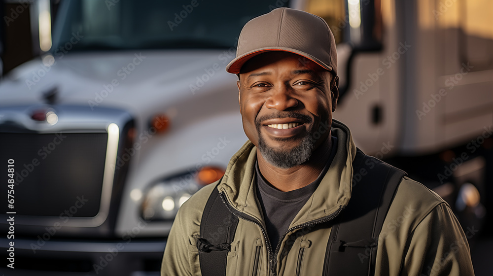 Adult black man semi truck driver. Labor day background. Adult black man semi truck driver. Labor day background.