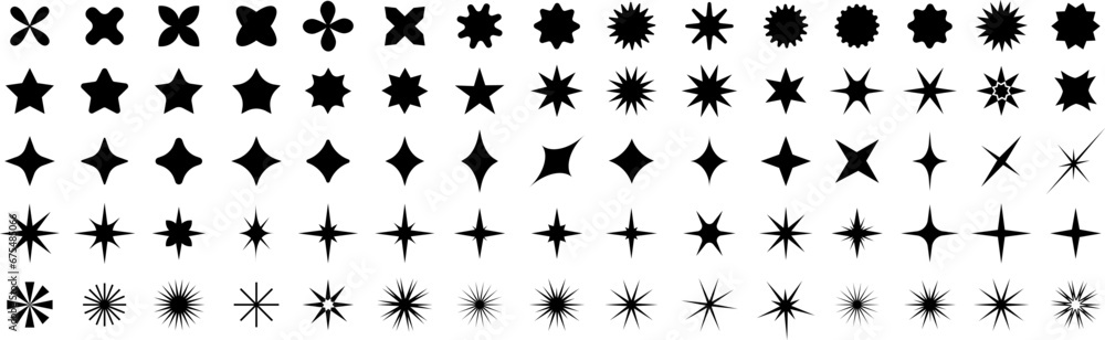 Fototapeta premium Set of sparkles star icons. Modern simple black stars collection. Christmas stars icons. Bright firework . Flash,shine sparkle icon,glare,blink star,light.