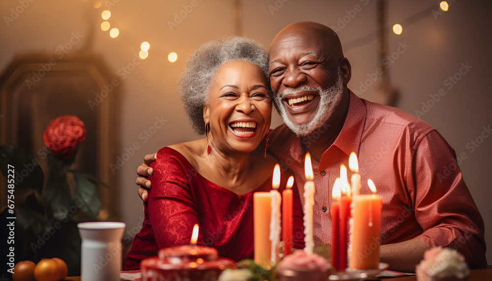 Happy elderly black married couple celebrating wedding anniversary sitting at the table with candles and having festive dinner at home.