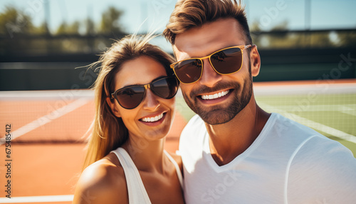 Beautiful adult couple wearing sunglasses taking selfie while standing on tennis court.