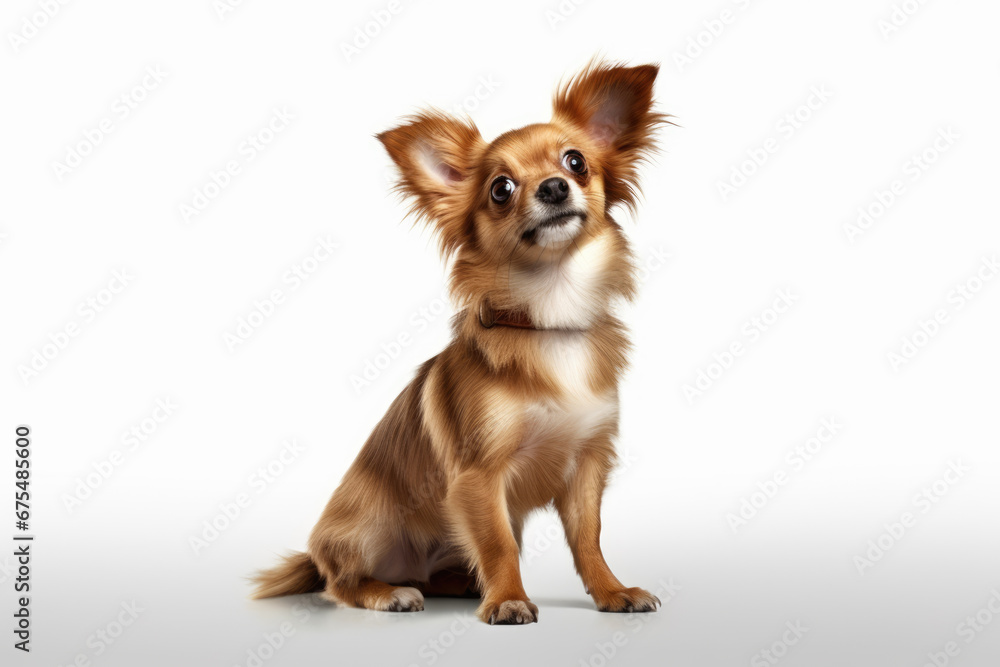 Funny puppy dog standing on hind legs. Cute brown playful dog or pet isolated on transparent background