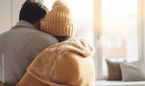 Couple wrapped up warm with coat scarf and hat sat on a sofa indoors, trying to keep warm in winter, It's cold in the house in winter. freezing, fever or trouble with heating.