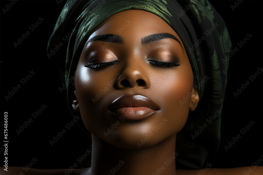  African woman with beautiful skin and a colorful shawl on her head and closed eyes while relaxing