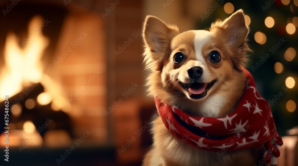 a family's pet dog wearing a festive Christmas bandana in front of roaring fireplace