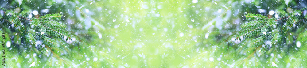 Green Christmas tree in the snow. Christmas background. Blizzard.Winter. New Year. Snowfall in the forest.