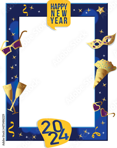 Vector Frame for photos or decoration in New Year 2024 in blue and gold. Photo booth
